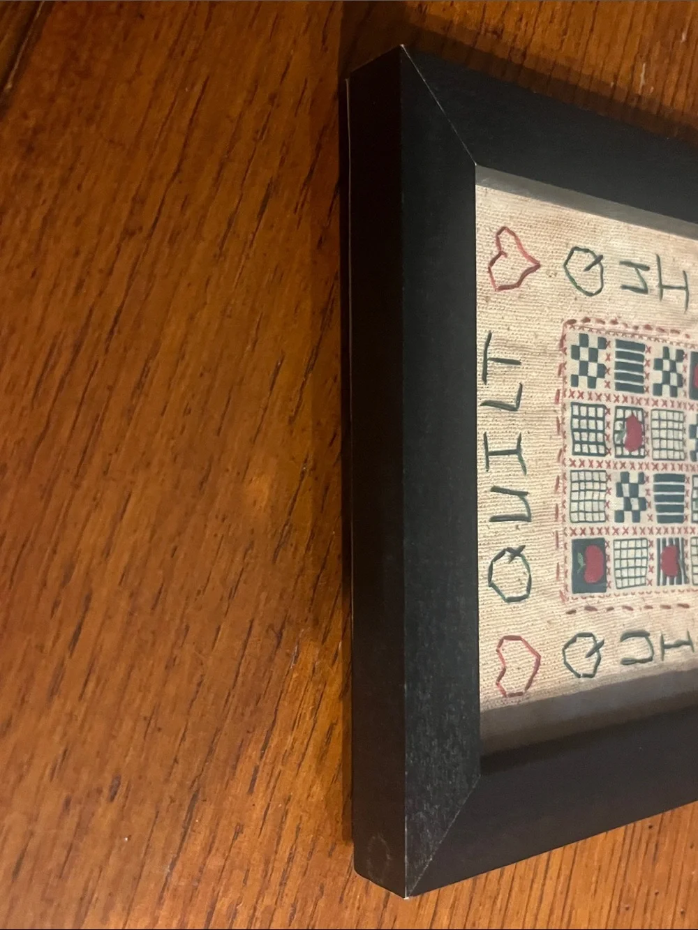Framed Embroidered Quilt Wall Tapestry in Beige, Blue & Red